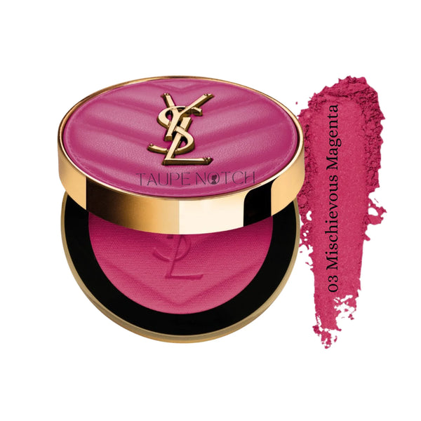 Powder blush compact with magenta powder and gold YSL emblem