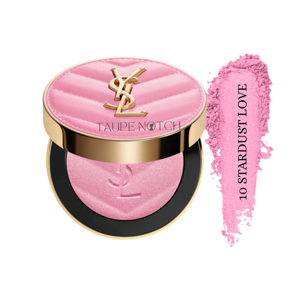 Powder blush compact with soft pink powder and gold YSL emblem
