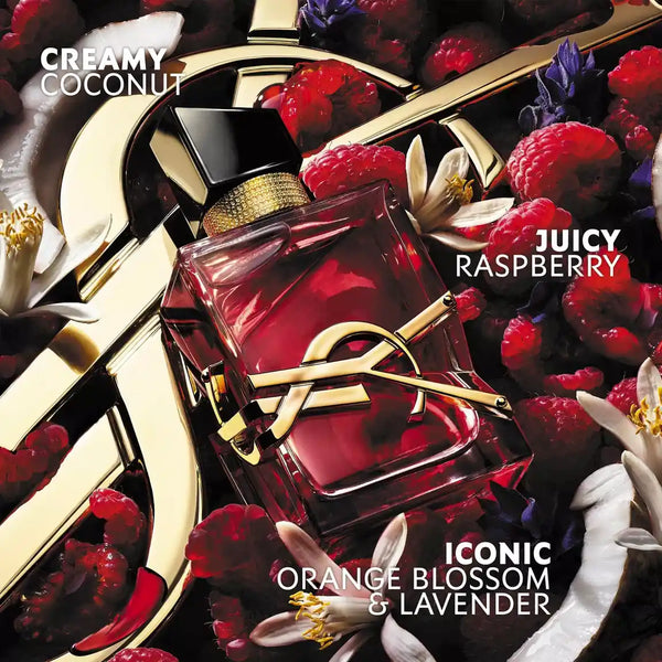 Red perfume bottle with gold accents on a floral and fruit background, featuring text for different scents.