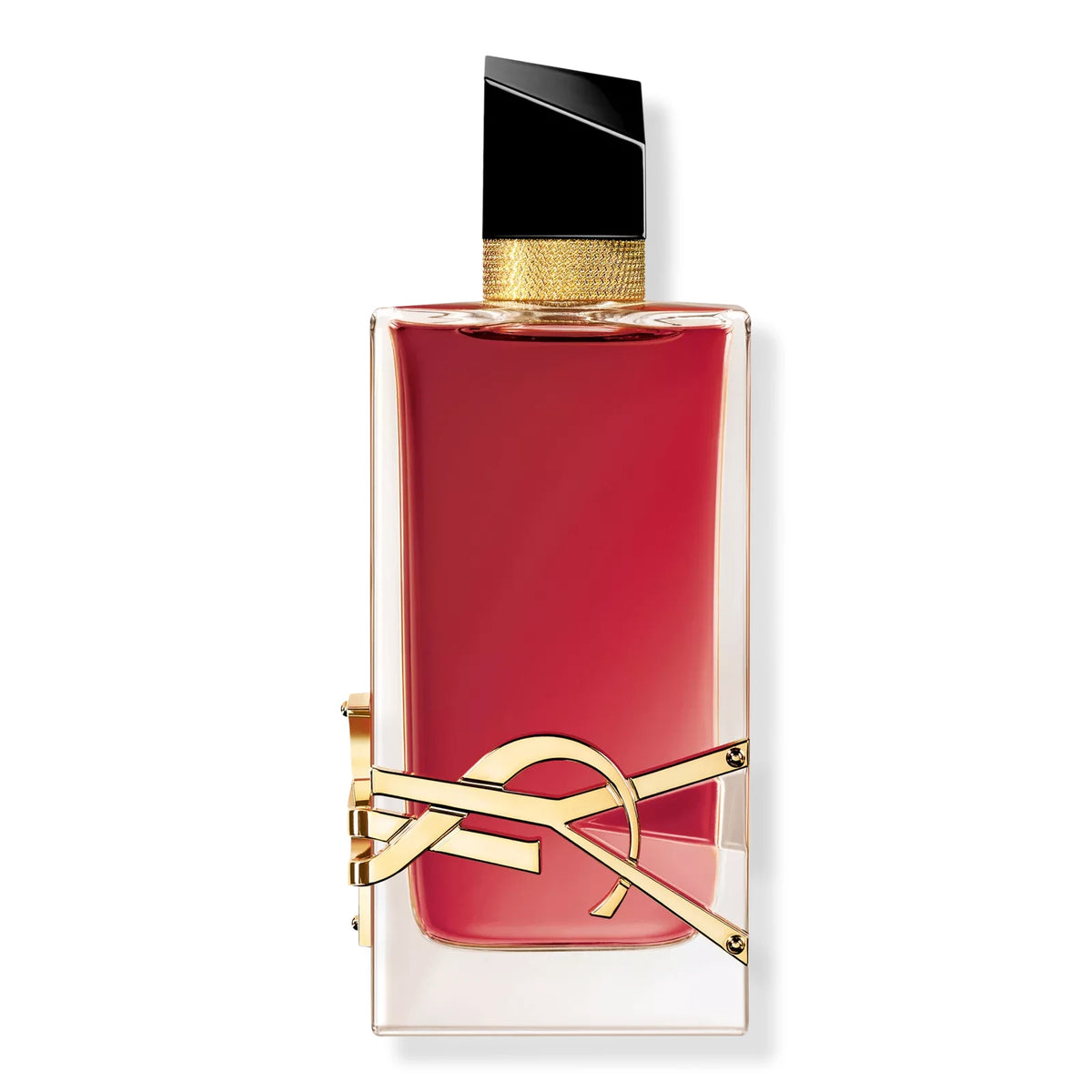 YSL Libre perfume bottle with a vibrant red liquid, a clear glass body, a gold-tone metal YSL logo on the front, and a black and gold cap, set against a plain white background.