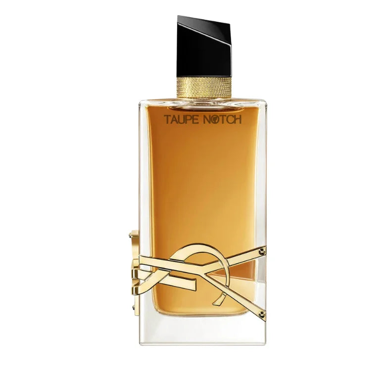 Yves Saint Laurent eau de parfum bottle, amber-gold liquid with black cap