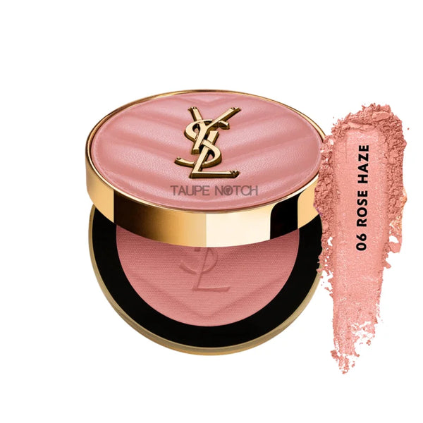 Powder blush compact with rose pink top; rose swatch labeled 06 Rose Haze