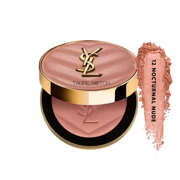 Powder blush compact with nude pink top; nude swatch labeled 12 Nocturnal Nude