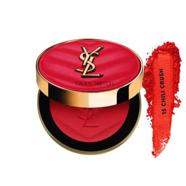 Powder blush compact with red-pink top; red swatch labeled 15 Chili Crush