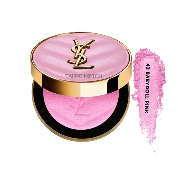 Powder blush compact with pink top; baby pink swatch labeled 42 Babydoll Pink