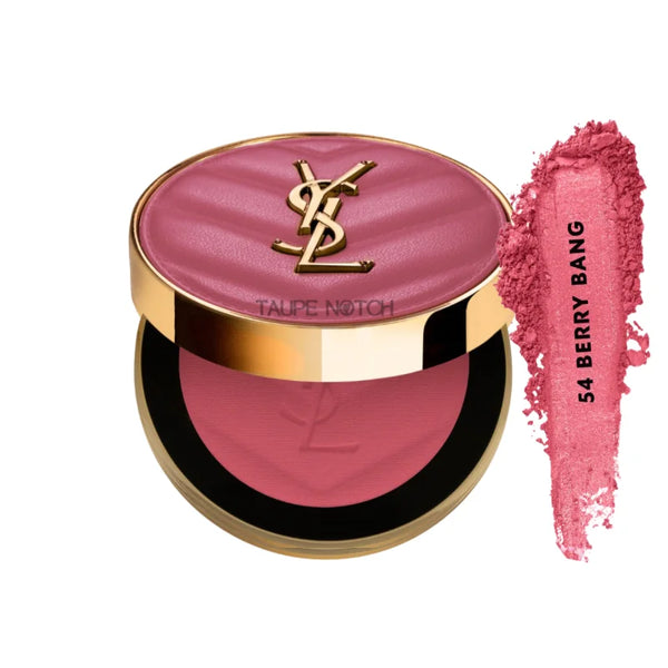 Powder blush compact with berry pink top; fuchsia swatch labeled 54 Berry Bang
