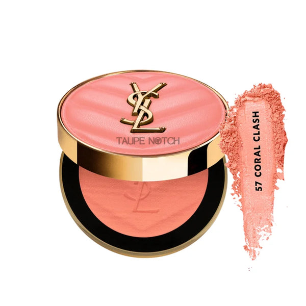 Powder blush compact with coral pink top; coral swatch labeled 57 Coral Clash
