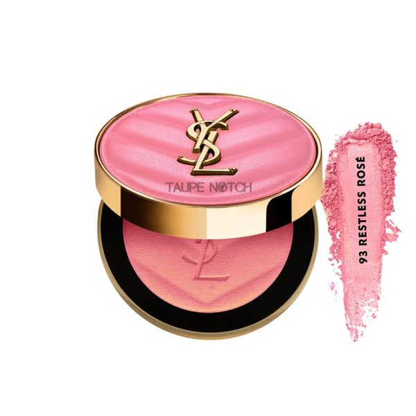 Powder blush compact with pale pink top; soft rose swatch labeled 03 Restless Rose
