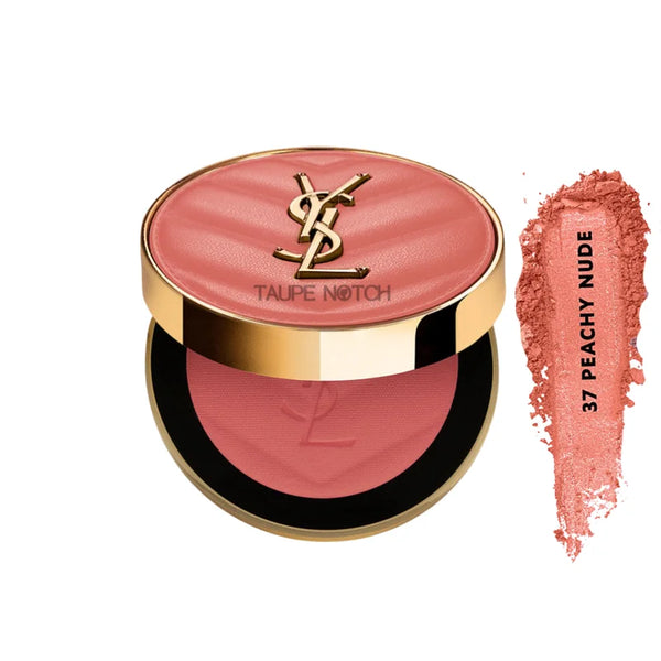 Powder blush compact with peachy pink top; peach nude swatch labeled 37 Peachy Nude