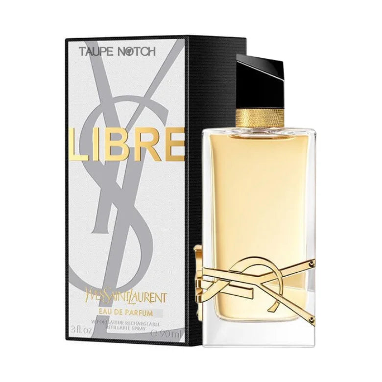 Eau de parfum bottle with black cap and gold band, shown with retail box