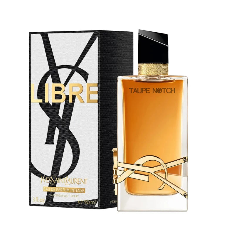 Yves Saint Laurent eau de parfum bottle with box, amber-gold liquid and black cap