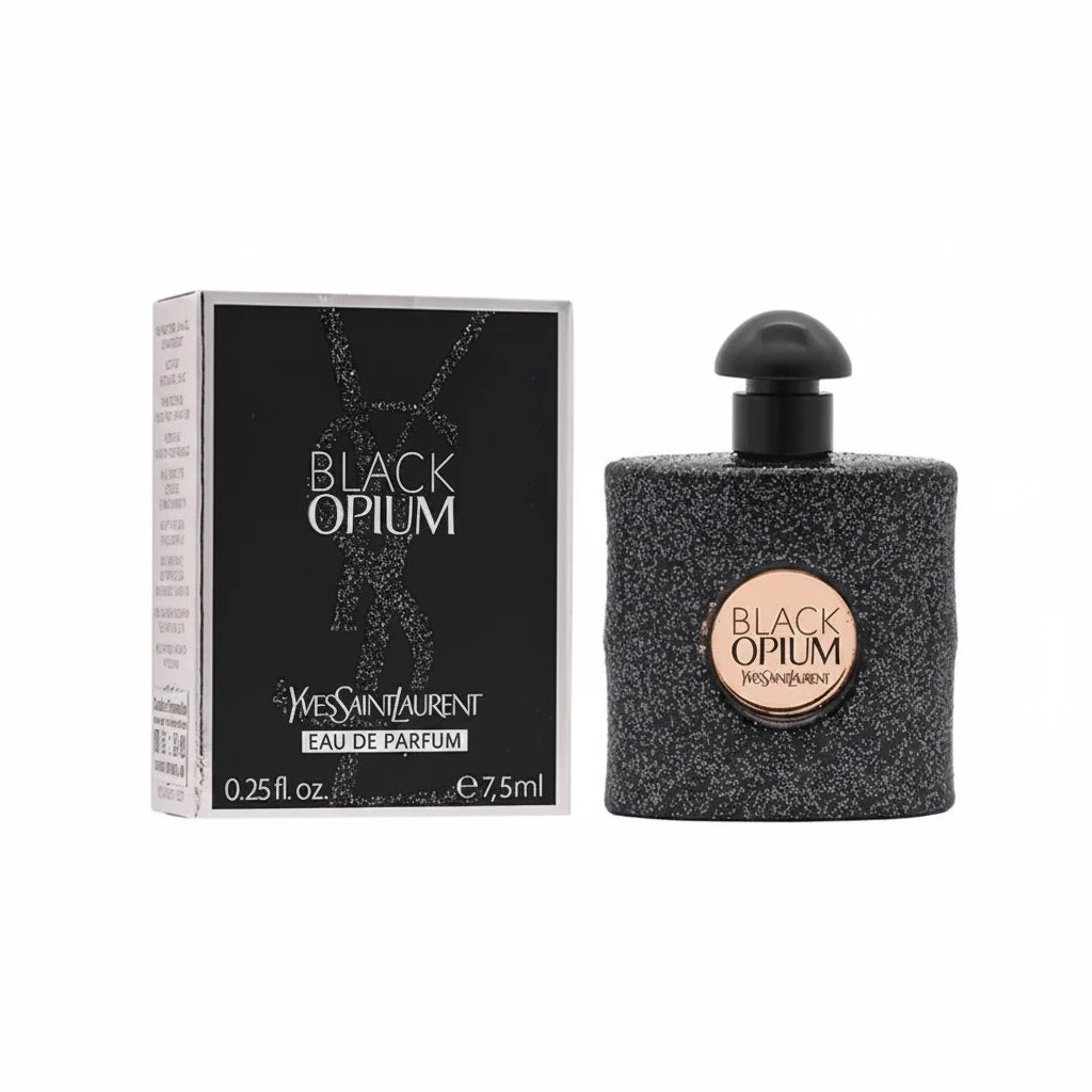 Yves Saint Laurent Black Opium Eau de Parfum bottle and its packaging box, featuring a dark glittery textured bottle and a black box with gold lettering.