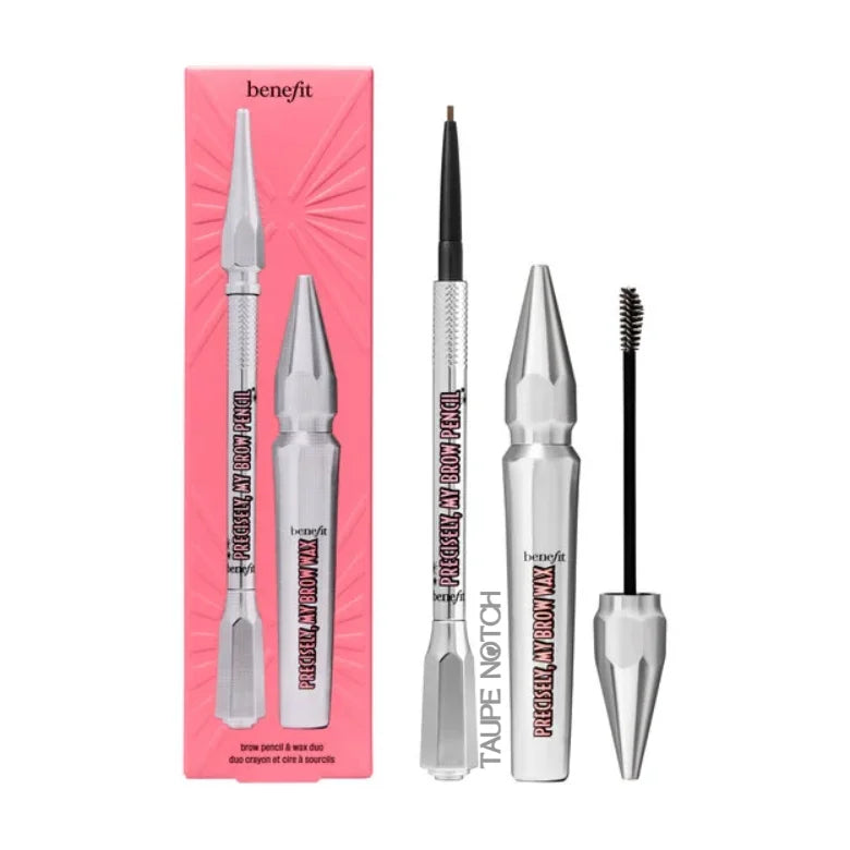 Brow pencil and wax duo with spoolie, shown alongside applicator tips in deep brown