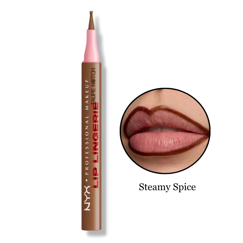 NYX Lip Liner Stain shade Steamy Spice, rosy-brown lip liner with lip swatch.