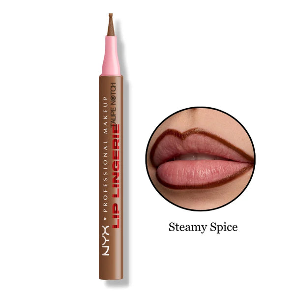 NYX Lip Liner Stain shade Steamy Spice, rosy-brown lip liner with lip swatch.