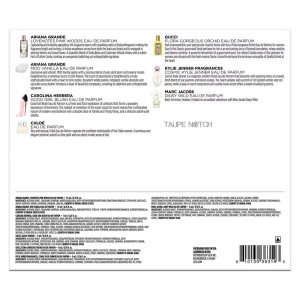 Fragrance Crush sampler kit back panel with notes, ingredients, and barcode