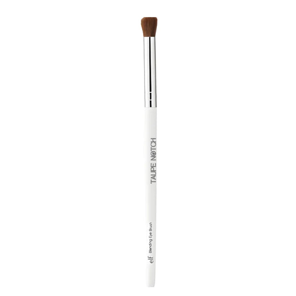 Eye blending makeup brush with tapered brown bristles and white handle