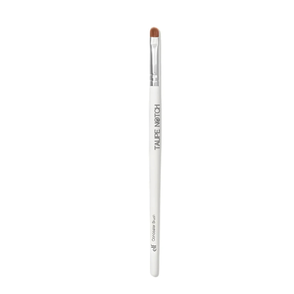 Concealer brush with white handle, silver ferrule, and short tapered brown bristles