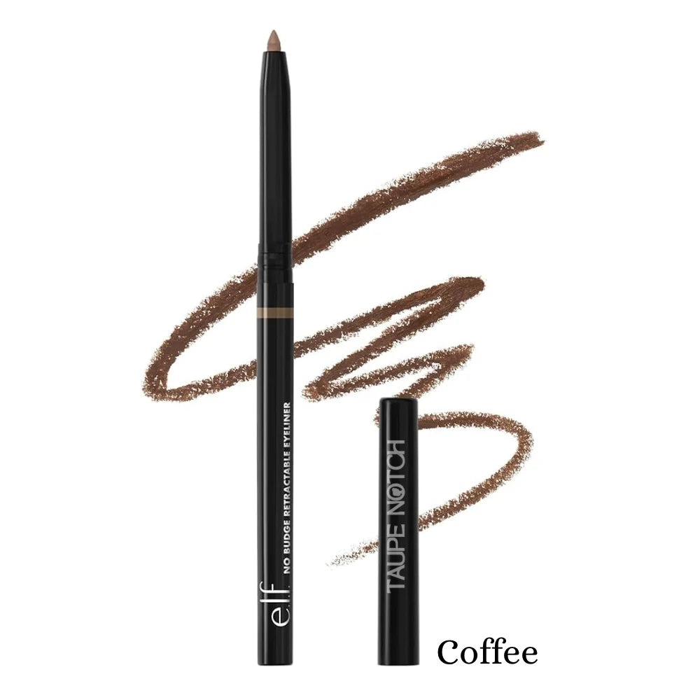 Retractable eyeliner pencil, coffee shade, with visible tip and brown swatch