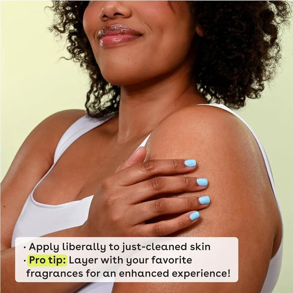 Body lotion application on shoulder; hand spreads cream with blue nails