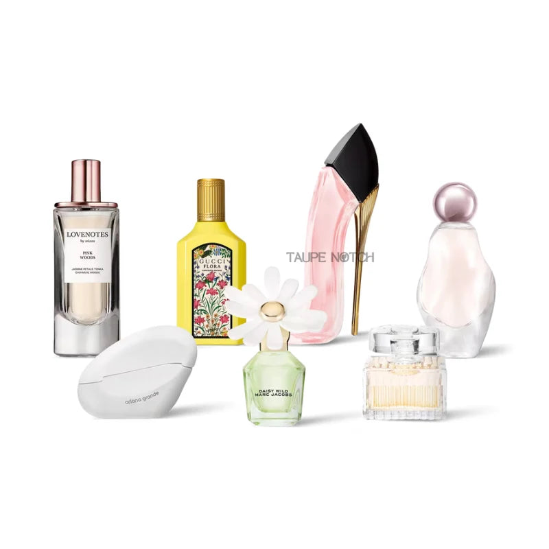 7-piece perfume sampler set featuring assorted bottle shapes and sizes
