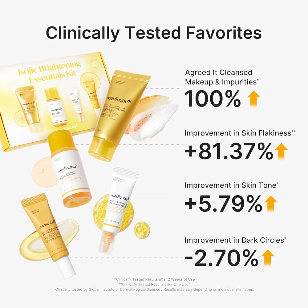 Kojic brightening essentials kit items shown: tubes, bottle, and small serum vials