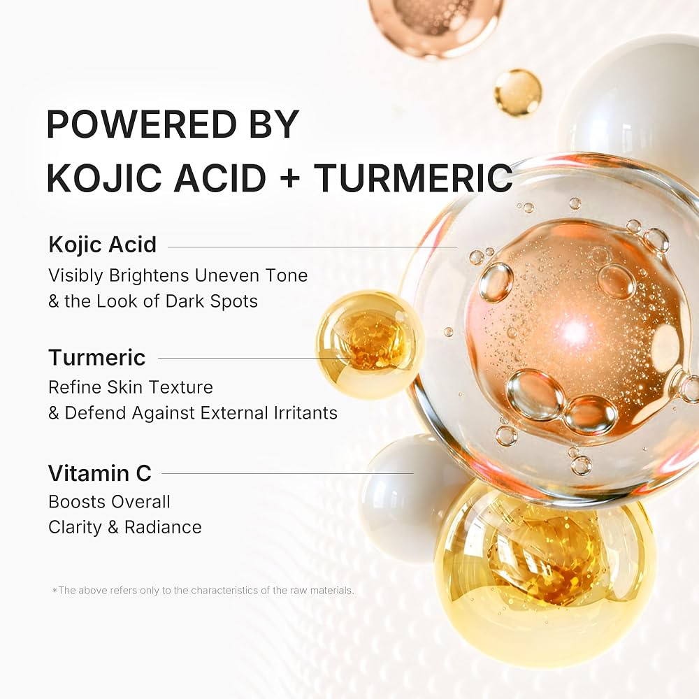 Skincare ingredients card showing kojic acid, turmeric, and vitamin C beside a glass bowl