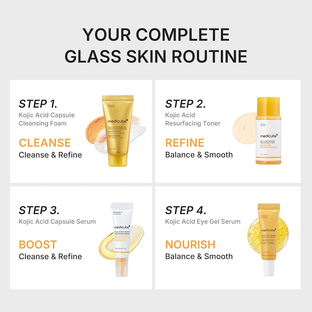 4-step glass skin routine with four product bottles and tubes in a boxed layout
