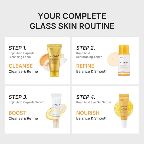 4-step glass skin routine with four product bottles and tubes in a boxed layout