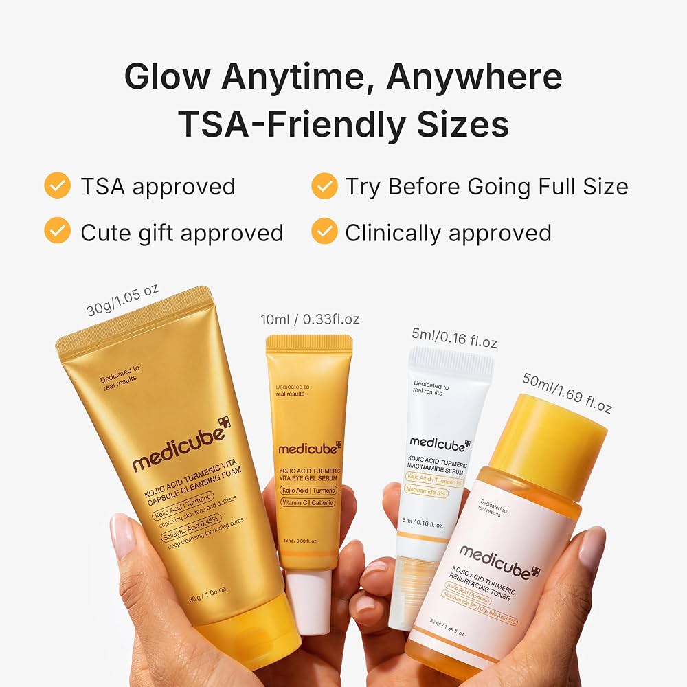 Medicube Kojic brightening skincare mini set with four travel-size bottles and tubes