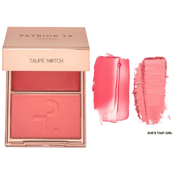 Cream and powder blush duo with compact palette in vivid pink and light rosy pink shades