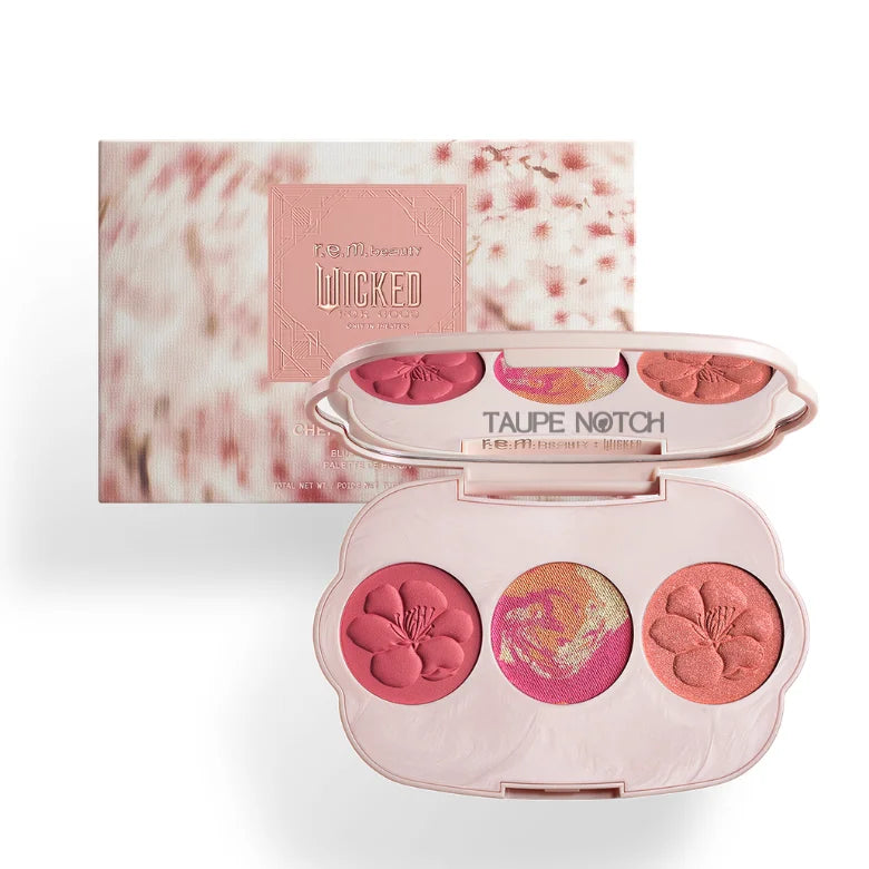 r.e.m. beauty Wicked Cheek Palette open showing three cherry blossom shades in pink blush and highlighter with floral packaging