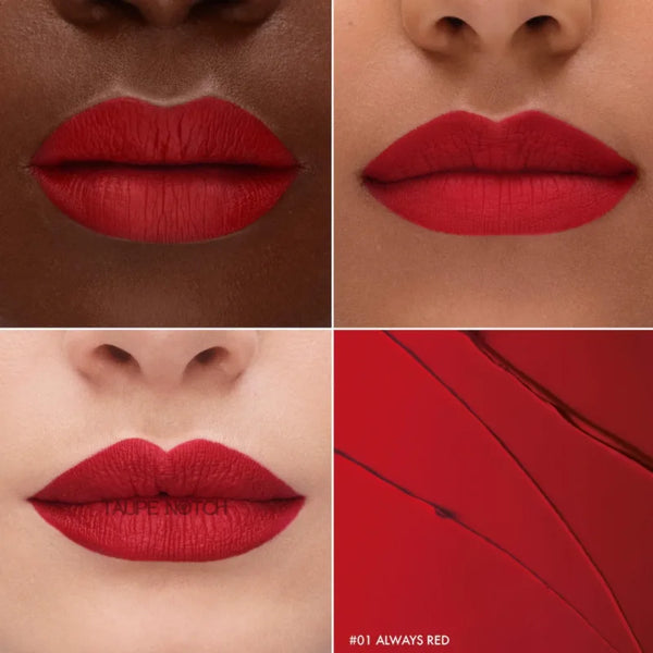 Cream lip stain swatches on lips in bright red and dark red