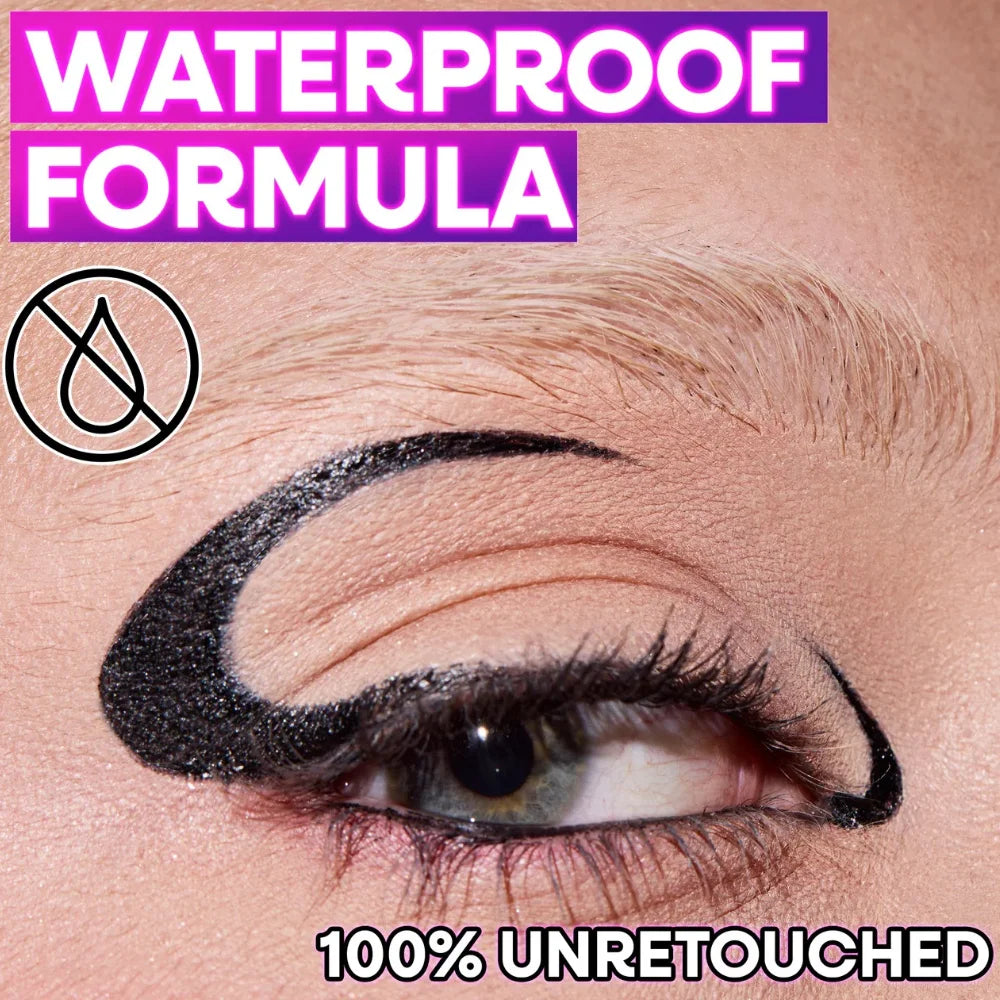 Close-up eye with bold black winged liquid eyeliner along lash line
