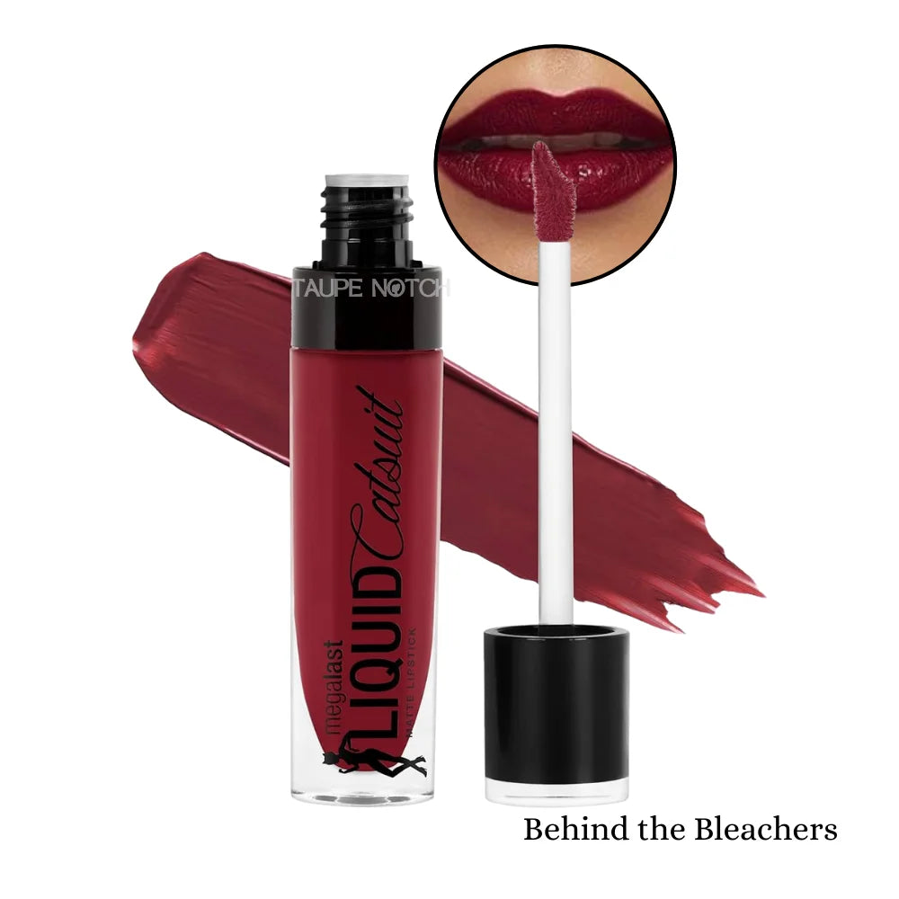 Matte liquid lipstick, Behind the Bleachers; tube and wand with dark berry swatch