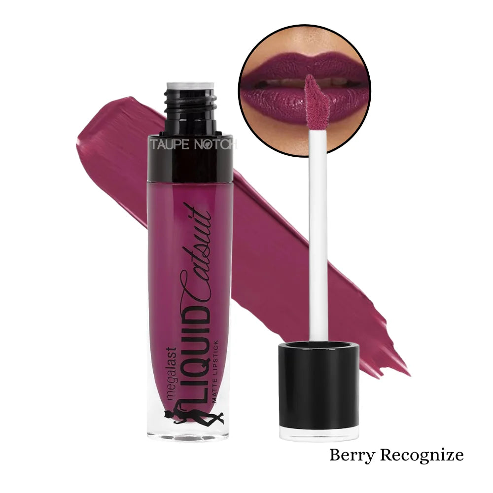 Matte liquid lipstick, Berry Recognize; tube and wand with berry-plum swatch