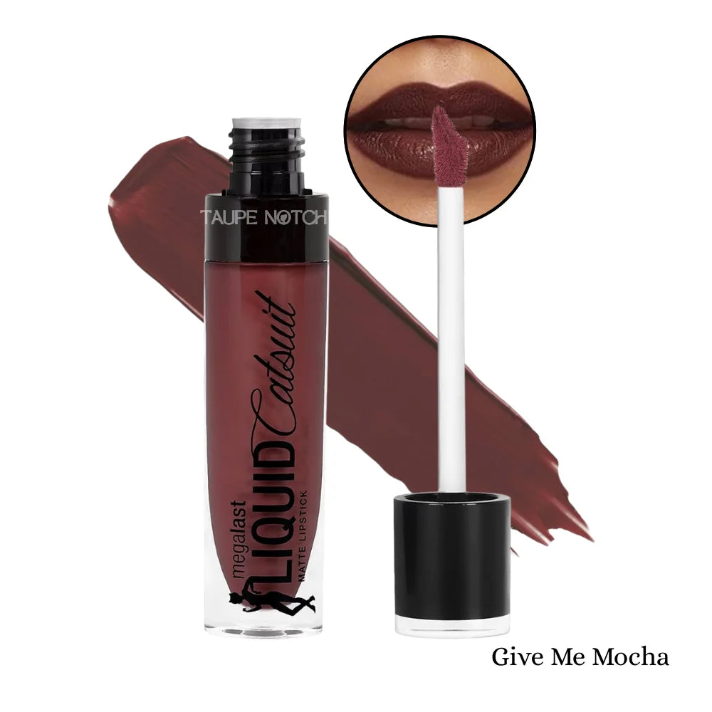 Matte liquid lipstick, Give Me Mocha shade; tube, wand applicator, brown-mauve swatch