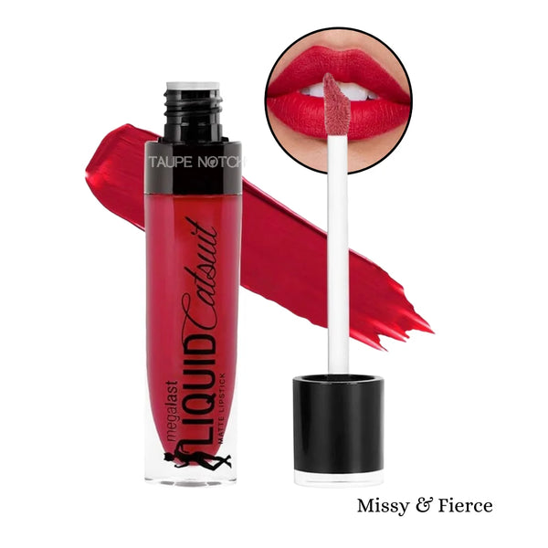 Matte liquid lipstick, Missy & Fierce; tube and applicator with vivid red swatch