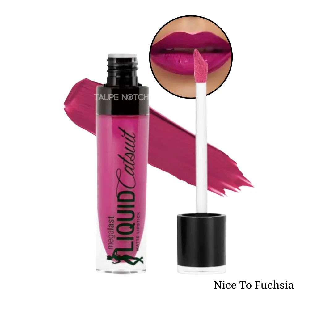 Matte liquid lipstick, Nice to Fuchsia; tube and wand applicator with magenta swatch