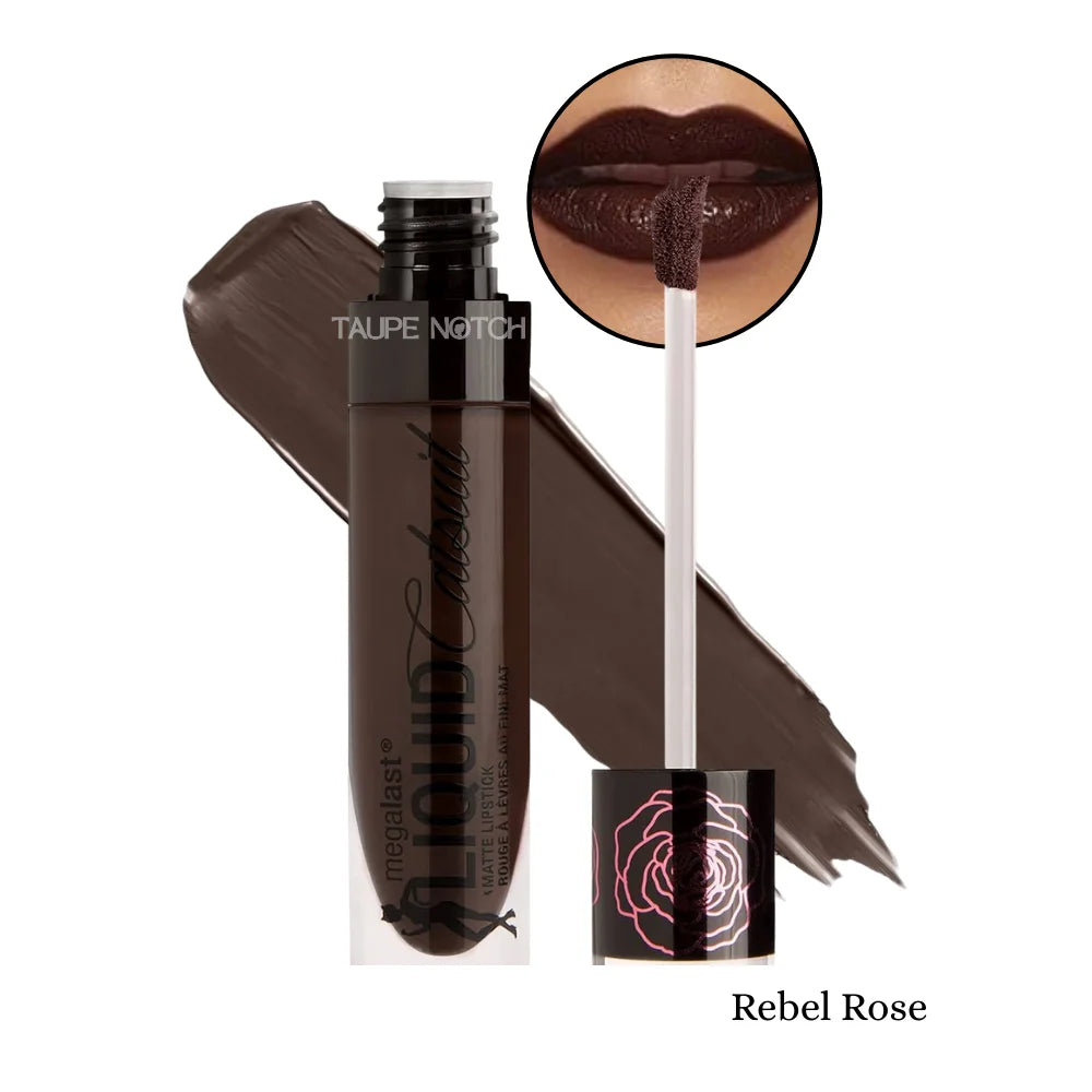 Matte liquid lipstick, Rebel Rose shade; tube and wand with taupe-rose swatch